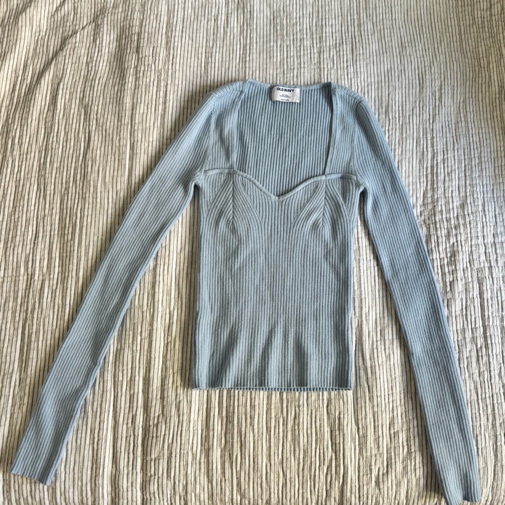 Sweetheart Light Blue Ribbed Long Sleeve Top